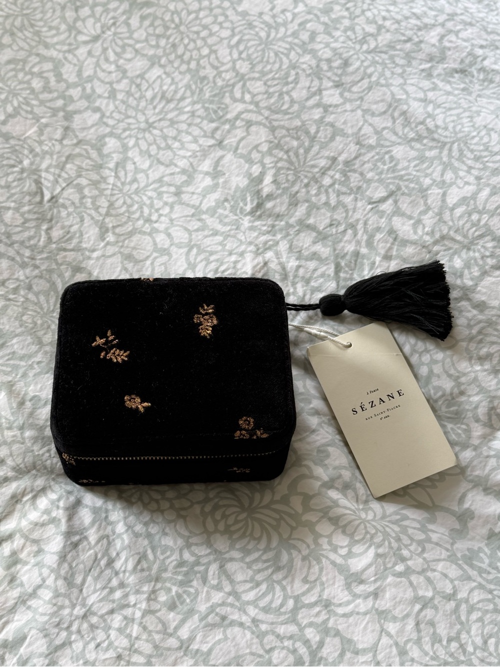 Sezane Black Velvet Embroidered Jewelry Pouch with Tassel
